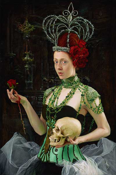 painting of woman holding a skull