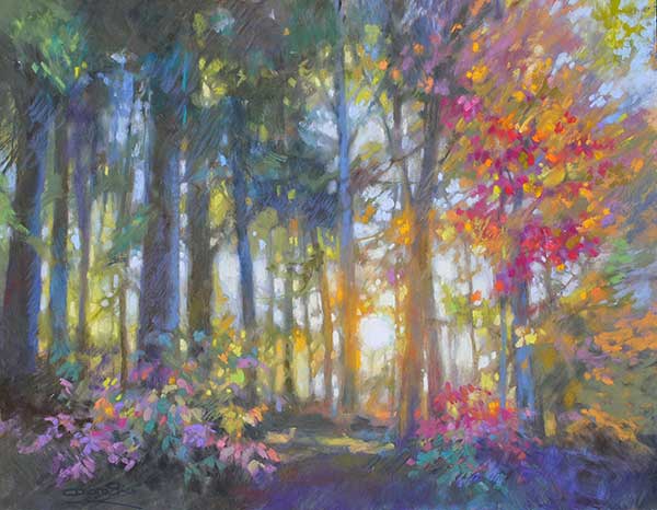 Online pastel Painting of a forest with flowers