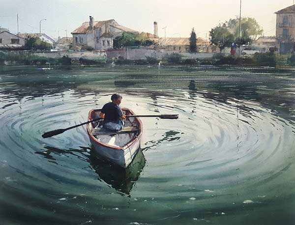 painting of a man in a boat