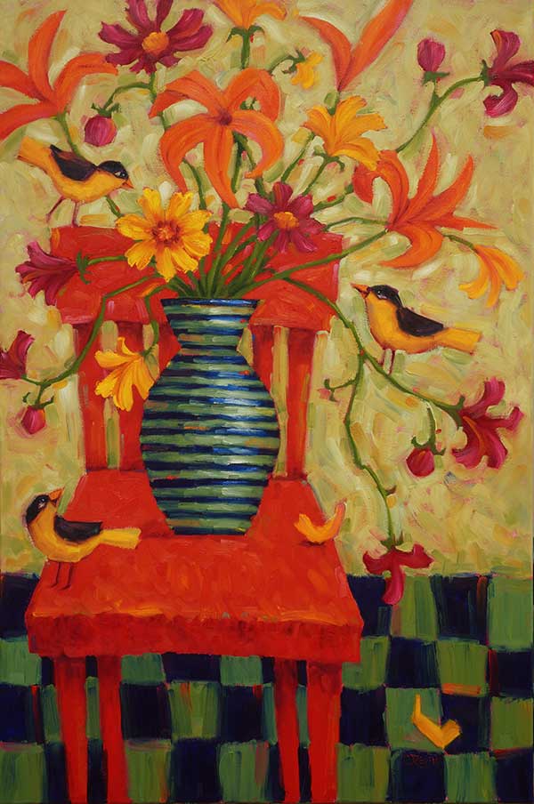 oil painting of flowers on a chair by Cindy Revell