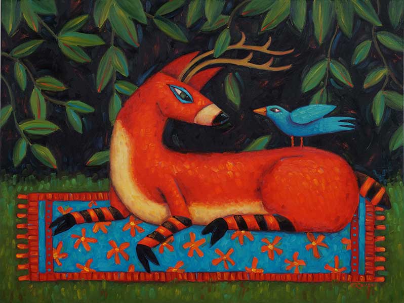 oil painting of a deer and bird