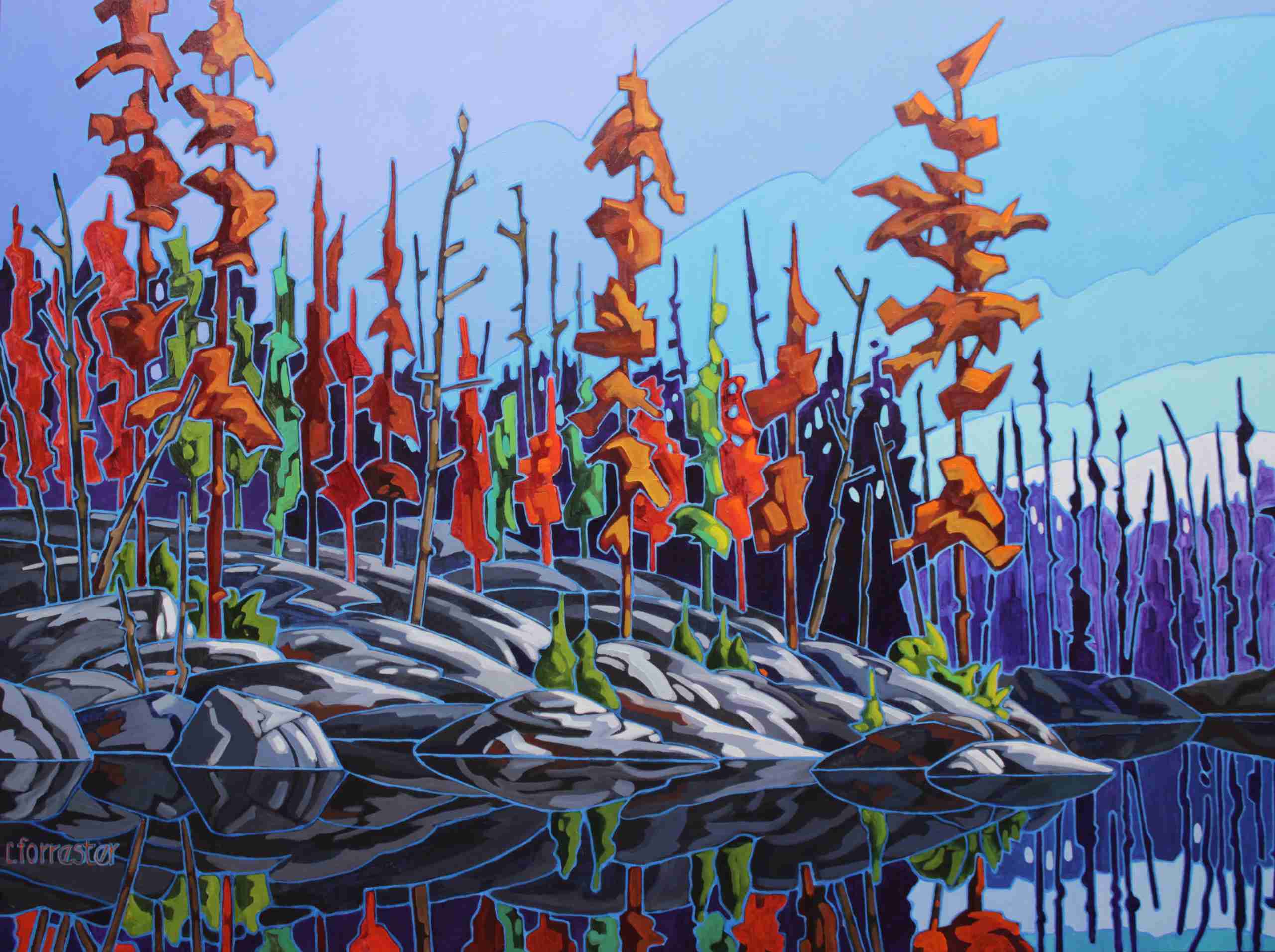 Cam Forrester art class example painting of a river and trees