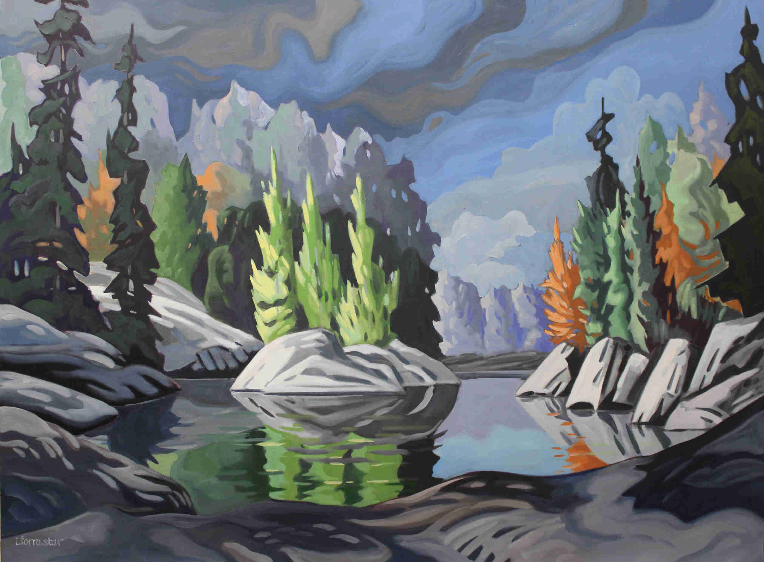 painting of a lake with trees