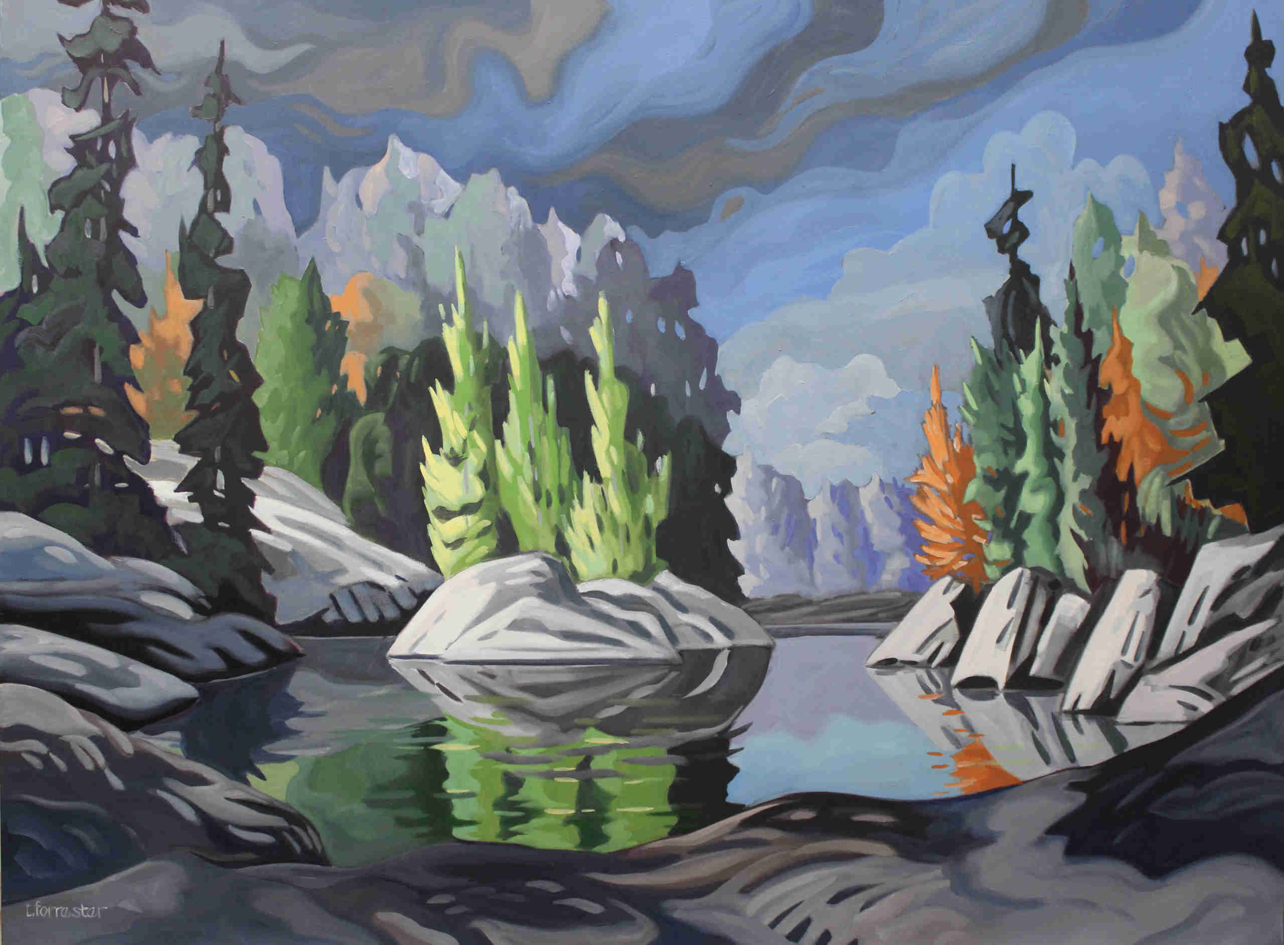 Cam Forrester art class example painting of a lake with trees