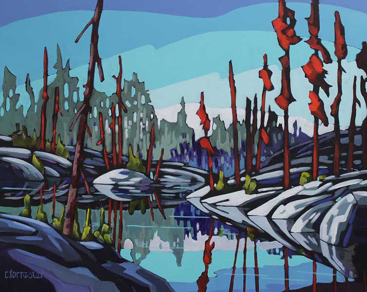 Cam Forrester art tutorial example 2 burned trees at a lake