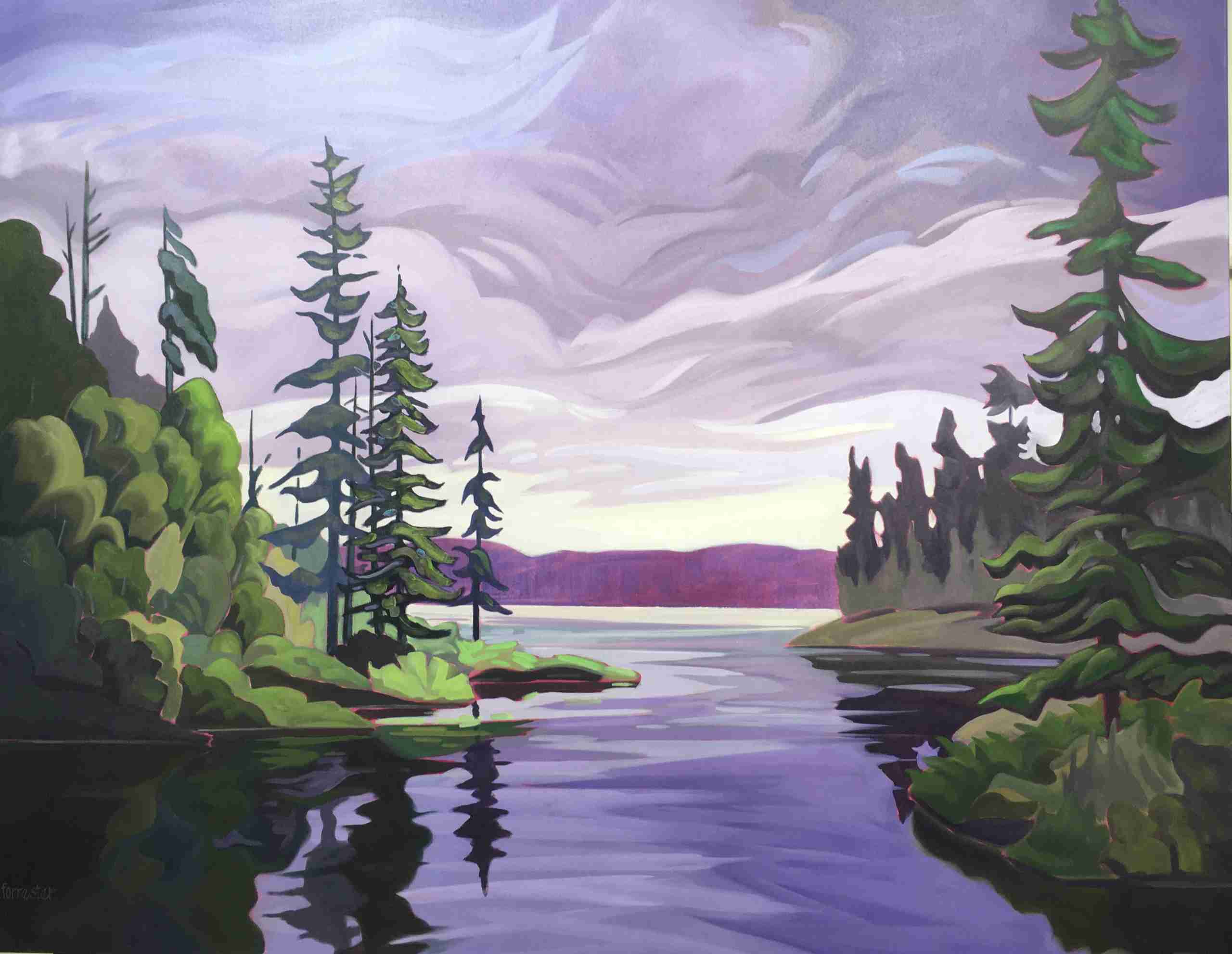 painting of a river in a forest