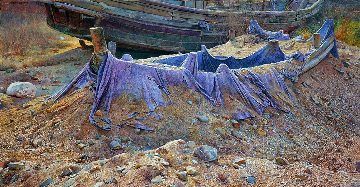 painting of a boat covered in sand