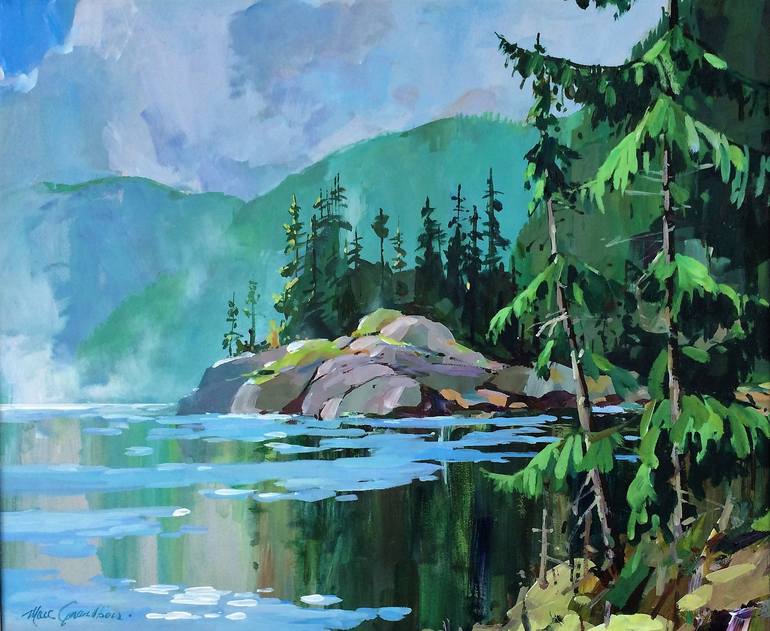 painting of a lake and trees by Marc Grandbois