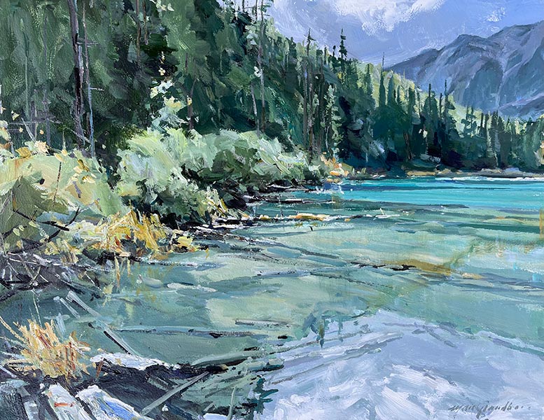 oil painting of a lake and trees by Marc Grandbois