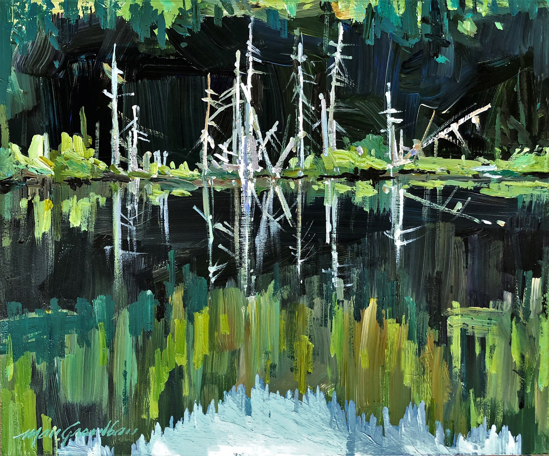 oil painting of a lake and trees