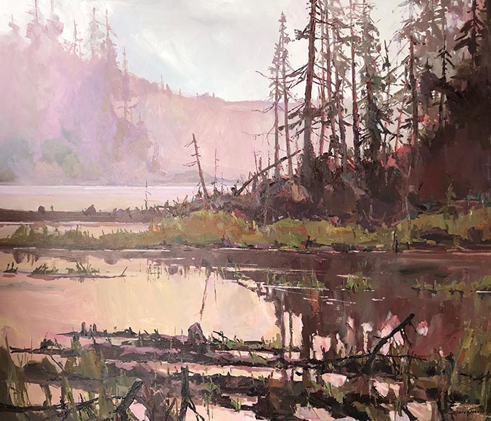 painting of trees by a river by Marc Grandbois