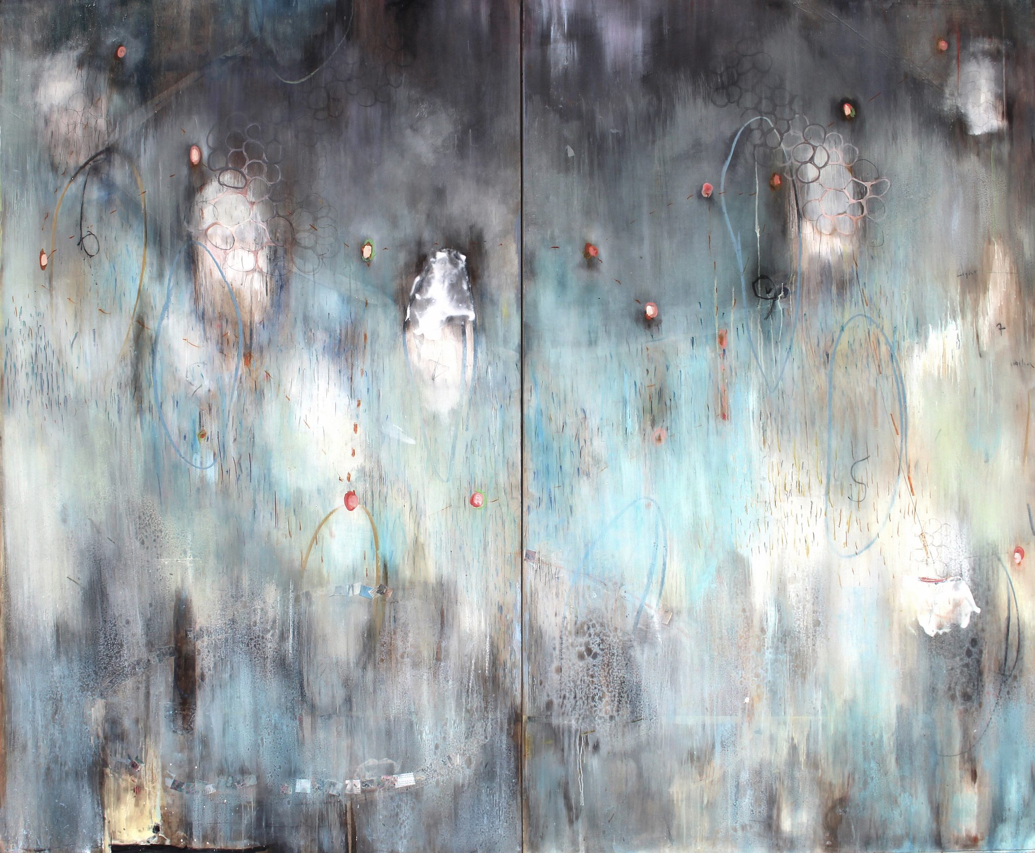 SCRIPT GRAPHIC Lauren Mantecon, The Sky is Falling, Anchor the Light,acrylic, oil, wax, on panel 70 x 70 Artwork by Lauren Mantecon
