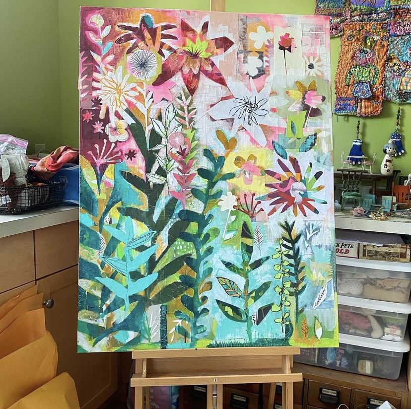 Lori Siebert's online class example watercolour painting of flowers on a canvas