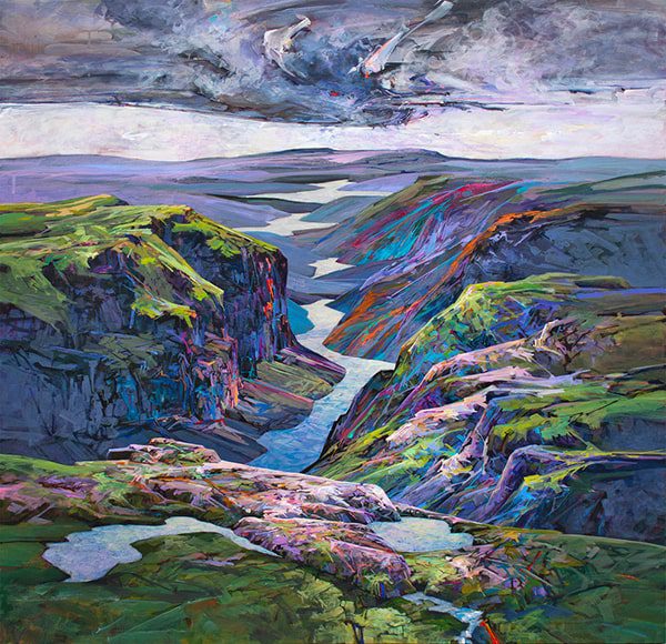 ANDREW SOOKRAH.RAVEN SPIRITS OVER GROS MORNE.ACRYLIC.36 X 36-min Artwork by Andrew Sookrah