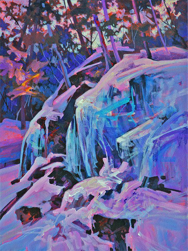 painting of snow on rocks