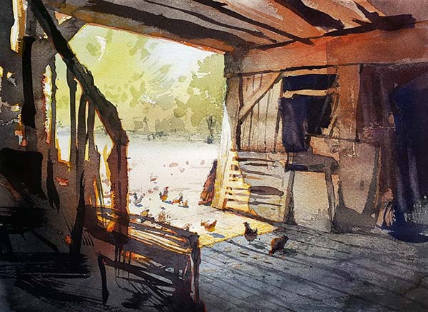 painting of a barn interior