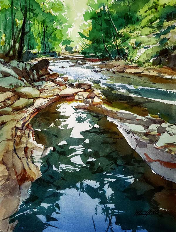 painting of a river through a forest