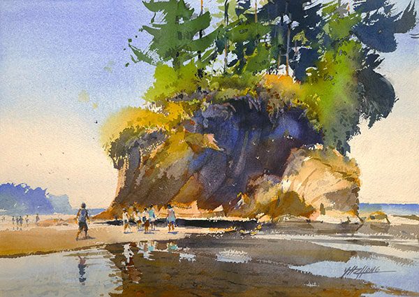 watercolour painting of trees on a beach