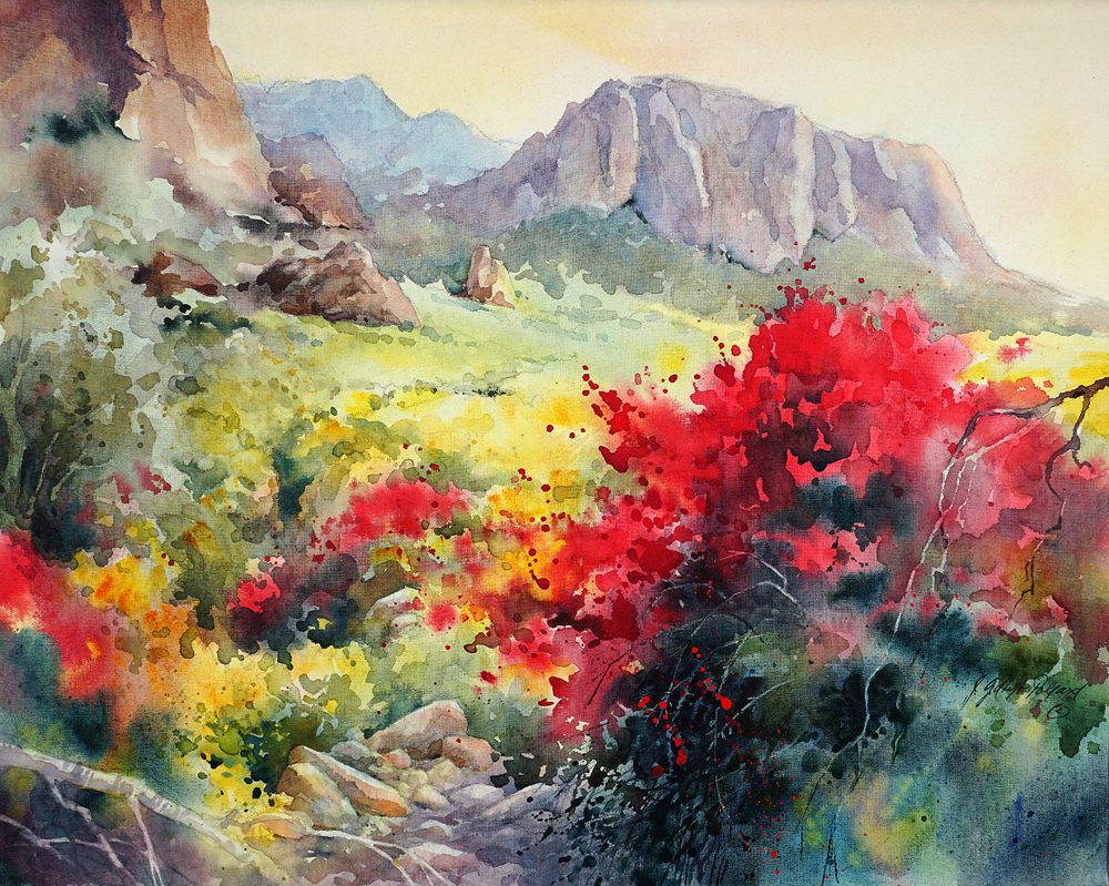 JGPollard_watercolor_Chuparosa at Los Dutchman Artwork by Julie Gilbert Pollard