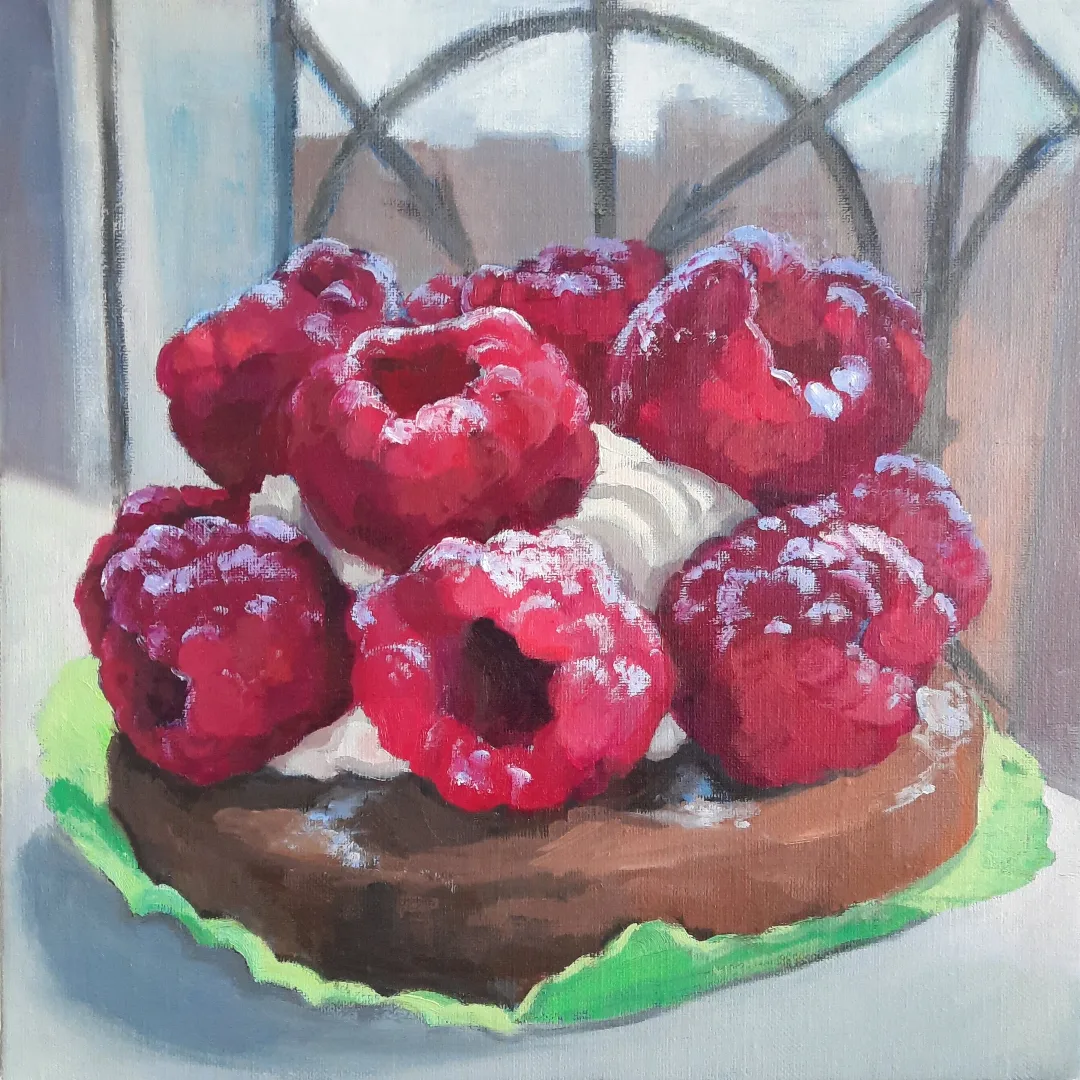 Tarte aux framboises, 12x12 oil on linen-min Artwork by Michaela Hoppe