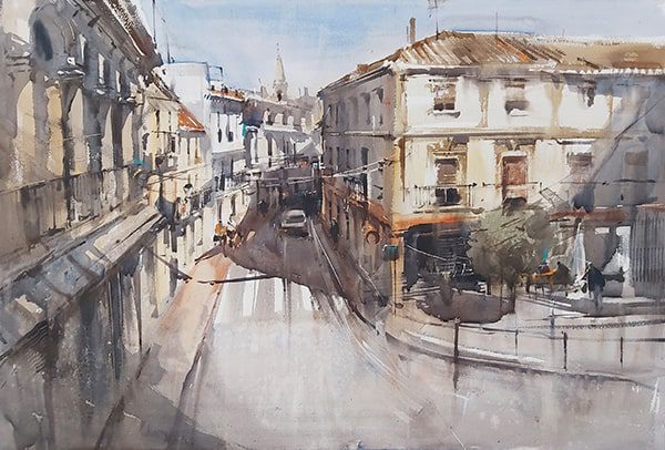 watercolour painting of a city street