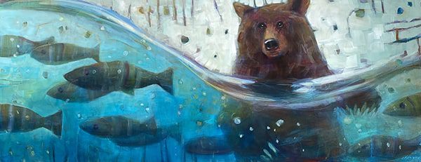 bear & fish mixed media painting by Connie Geerts