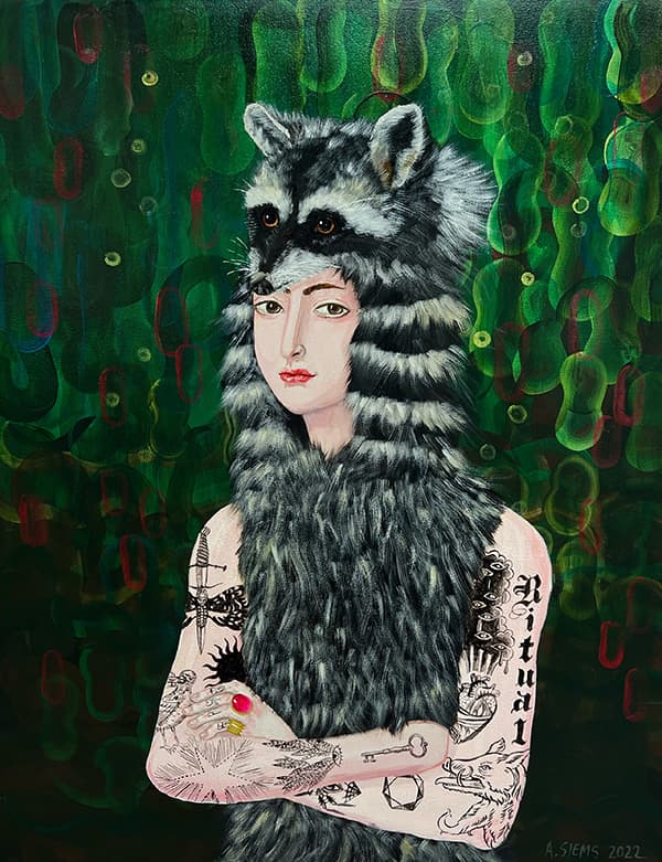 painting of a woman with a racoon hat