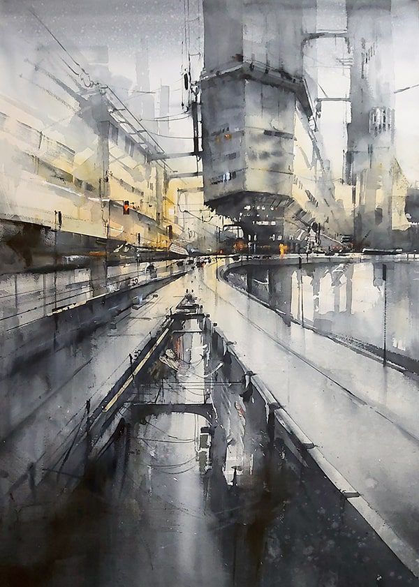 watercolour painting of city roads