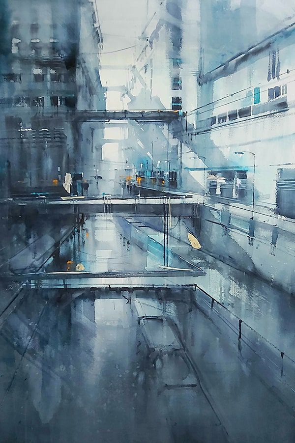 watercolour painting of buildings and walkways