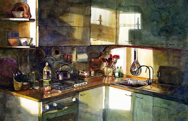 watercolor painting tutorial of a kitchen