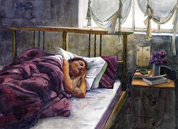 watercolor painting tutorial of woman in bed