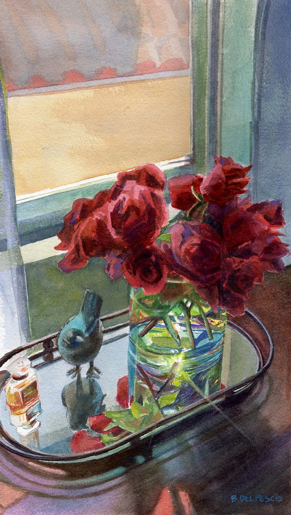 watercolor painting tutorial of flowers at window