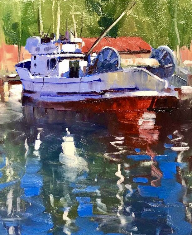 painting of a boat in water
