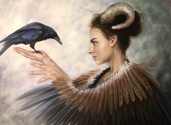 online painting tutorial of a woman holding a bird