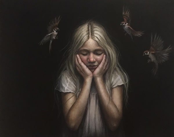 online painting of a girl surrounded by birds