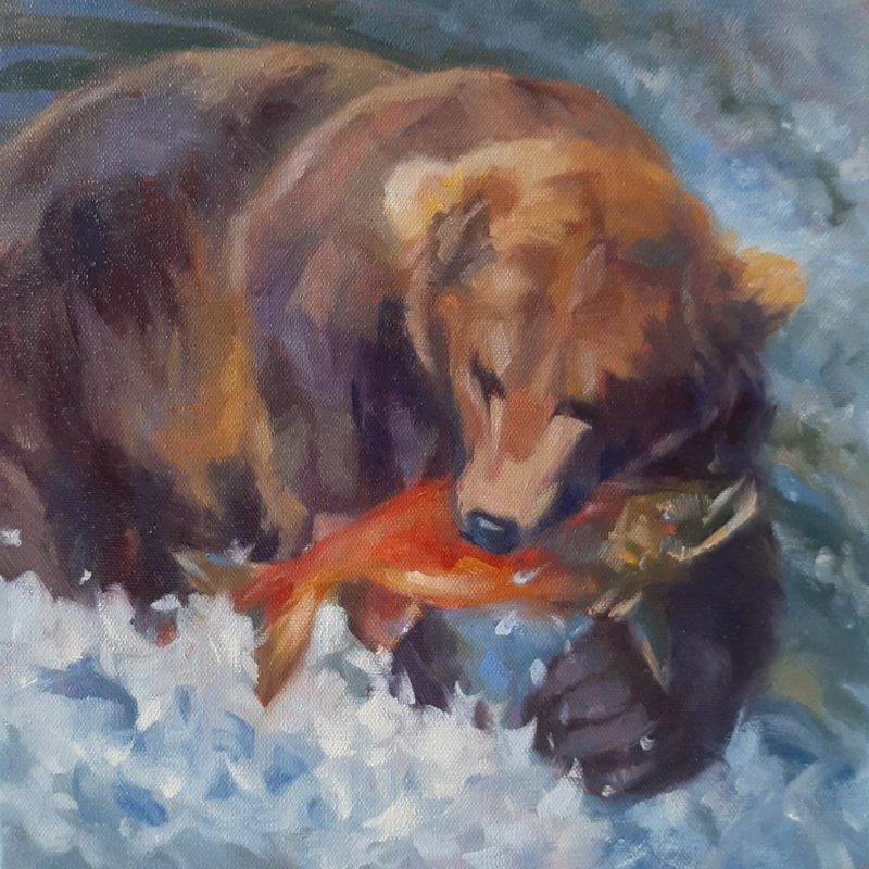 Let's Catch Lunch Too painting of a bear holding a fish