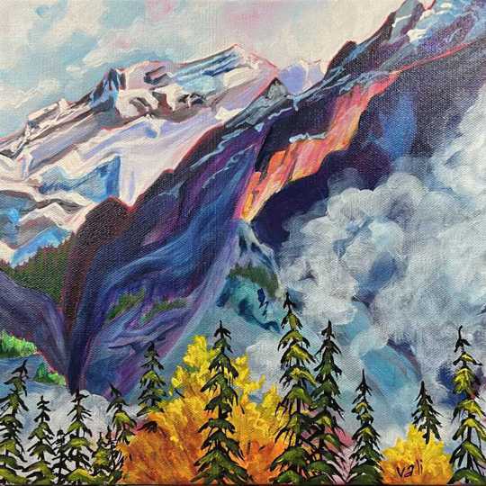 painting of mountains and trees