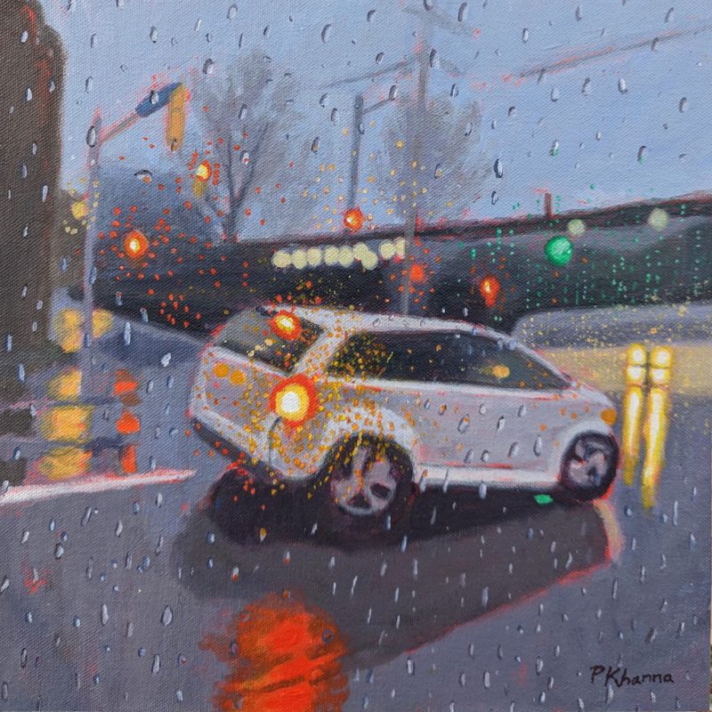 painting of a car on a wet road
