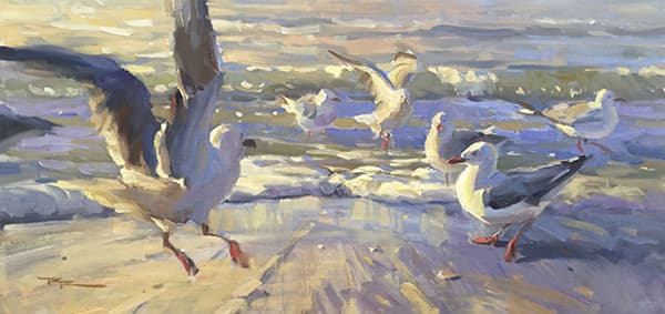 painting of bird by the ocean