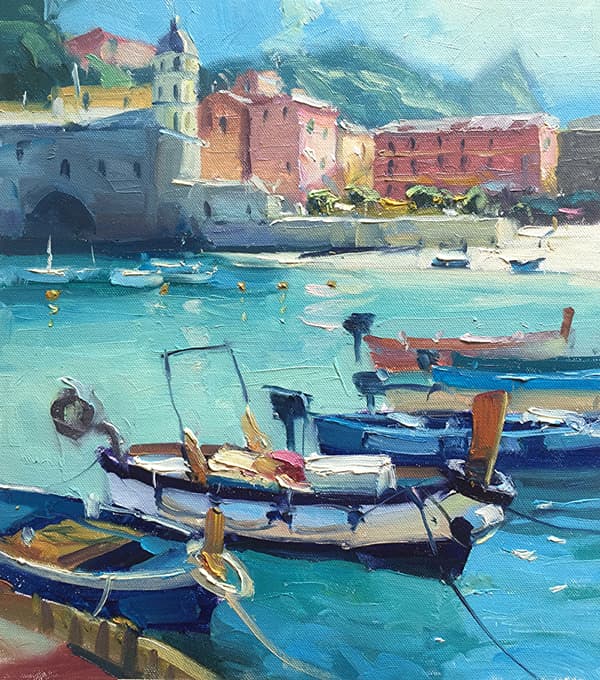painting of boats in the water