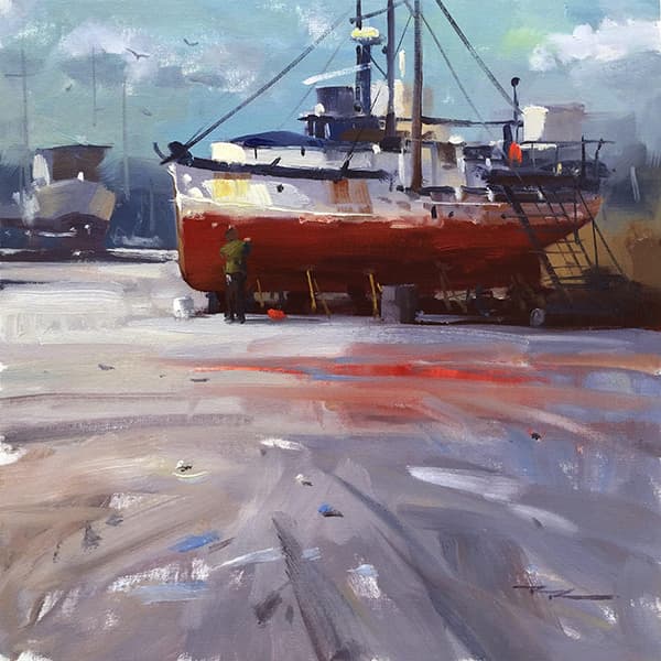 painting of a boat on land