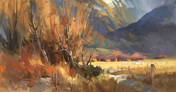 painting of a field and mountains in fall