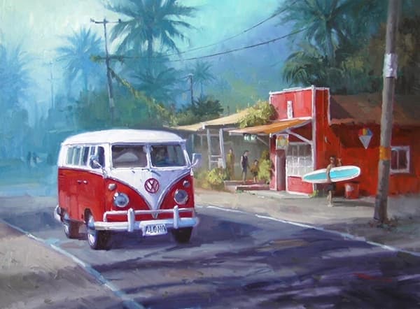 painting of a van and buildings