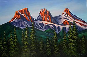 acrylic painting of mountains in a forest