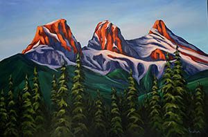 heather-kinahan-radiant_sisters-acrylic-min acrylic painting of mountains in a forest