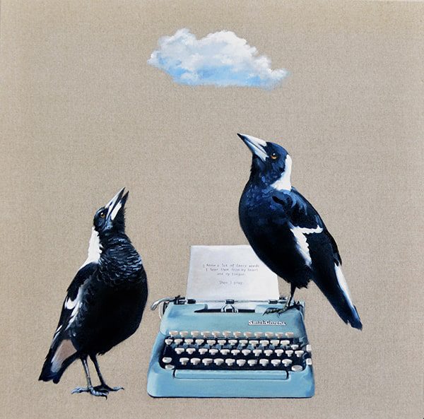 oil painting of two birds on a typewriter