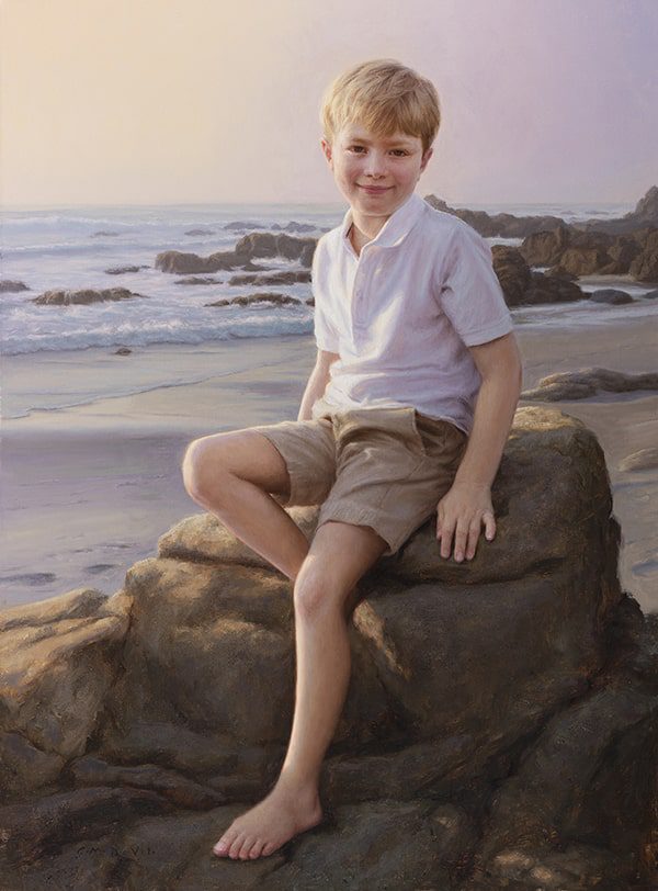 oil painting of a boy on a rock