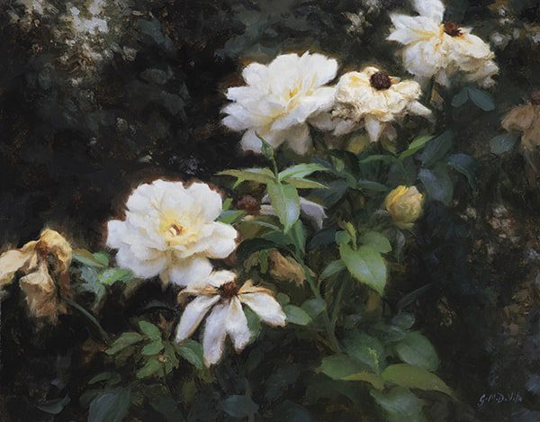 oil painting of white roses