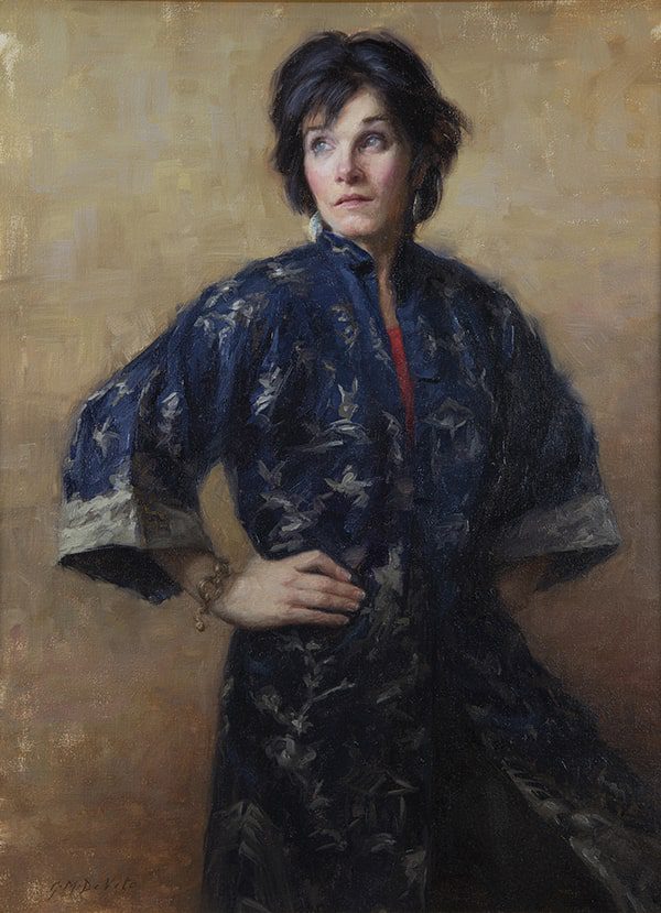 oil painting of a woman in blue
