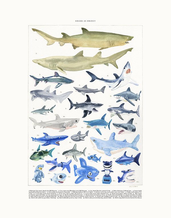watercolor painting of sharks